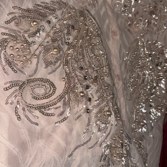 Baby Pink Cotton Soft Button Down Hi Lo Crystal Sequin Adorned Blouse - Picture 6 of 6